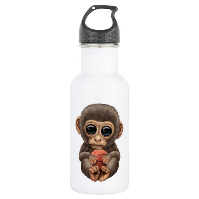 Cute Baby Monkey Playing With Basketball Stainless Steel Water Bottle (Front)