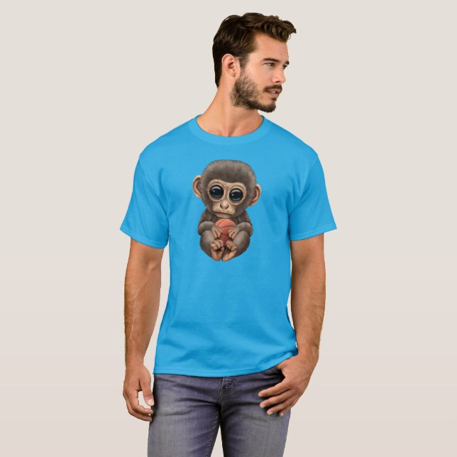 Cute Baby Monkey Playing With Basketball T-Shirt (Front Full)