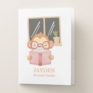 Cute Baby Monkey Reading Book Night Name Kids Pocket Folder