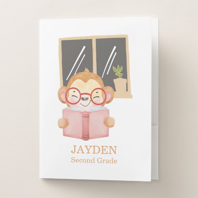Cute Baby Monkey Reading Book Night Name Kids Pocket Folder (Front)