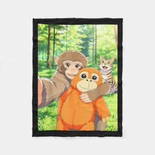 Cute baby monkey selfie with cat meme fleece blanket