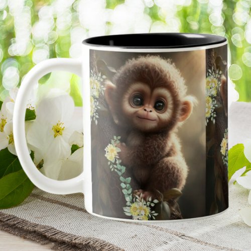 Cute Baby Monkey sitting on a Tree Yellow Flowers  Two_Tone Coffee Mug