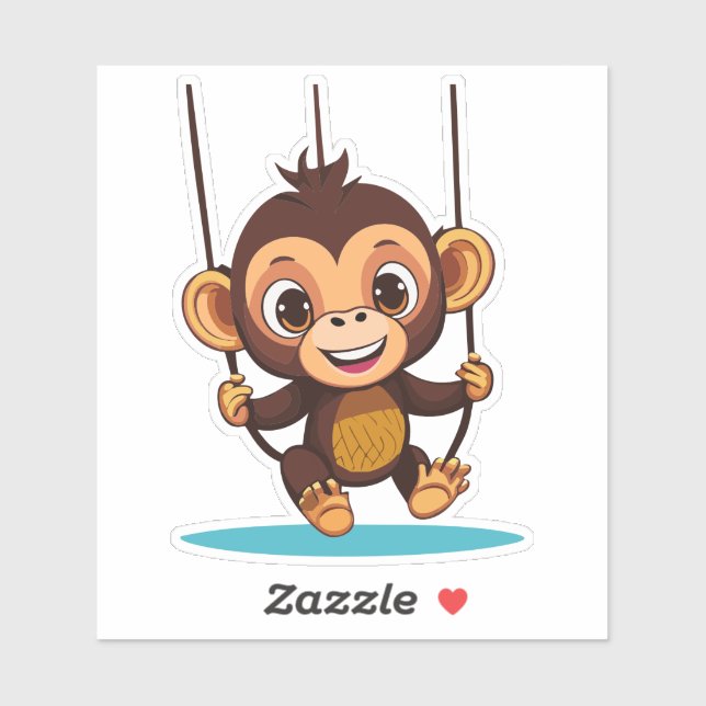 Cute Baby Monkey Swinging On Tree Swing Sticker (Sheet)