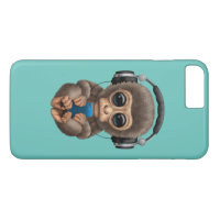 Cute Baby Monkey With Cell Phone Wearing Headphones Blue iPhone Case by  Jeff Bartels