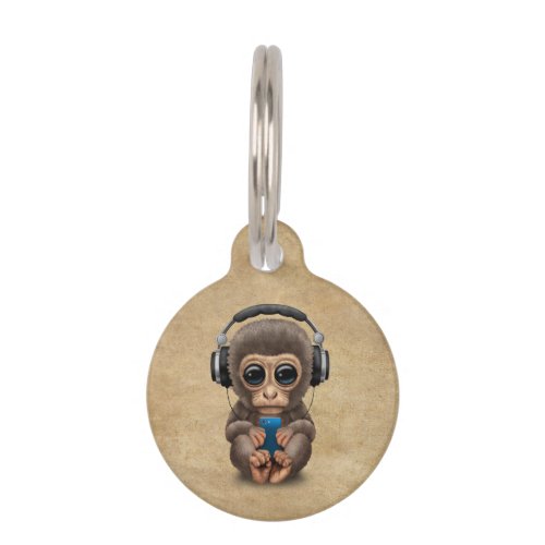 Cute Baby Monkey Wearing Headphones Pet Name Tag