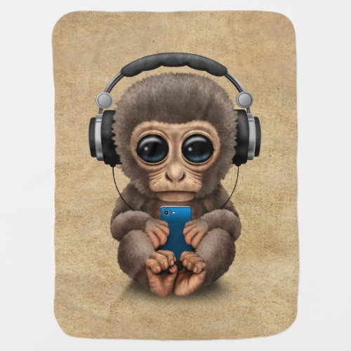 Cute Baby Monkey Wearing Headphones Receiving Blanket