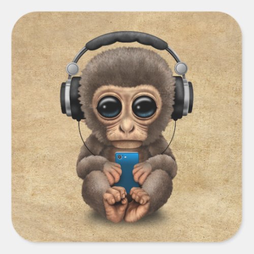 Cute Baby Monkey Wearing Headphones Square Sticker