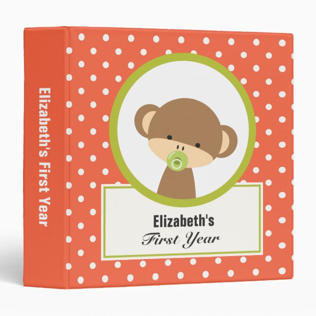 Cute Baby Monkey with a Pacifier on Polka Dots Binder (Front/Spine)