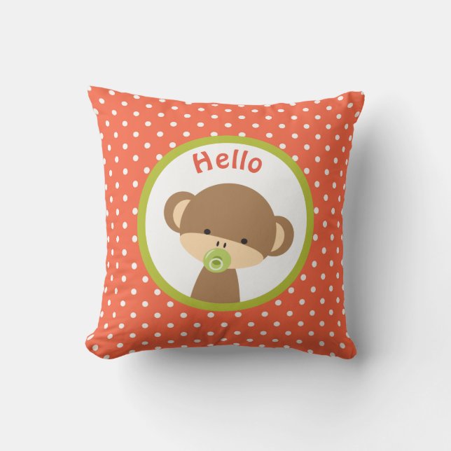 Cute Baby Monkey with a Pacifier on Polka Dots Throw Pillow (Front)
