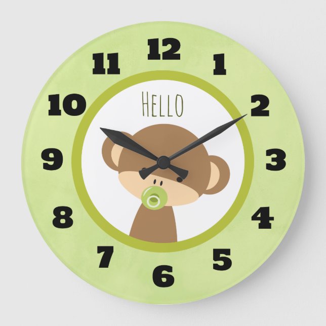 Cute Baby Monkey with a Pacifier Saying Hello Large Clock (Front)