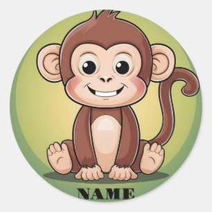 Cute baby monkey with big smile green background classic round sticker