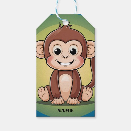 Cute baby monkey with big smile green background gift tags