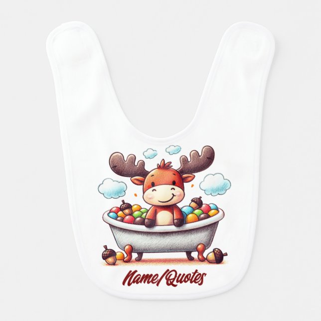 Cute Baby Moose Bath Time Cartoon Illustration Baby Bib (Front)