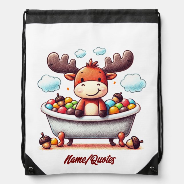 Cute Baby Moose Bath Time Cartoon Illustration Drawstring Bag (Front)