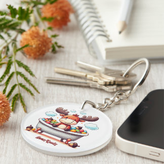 Cute Baby Moose Bath Time Cartoon Illustration Keychain