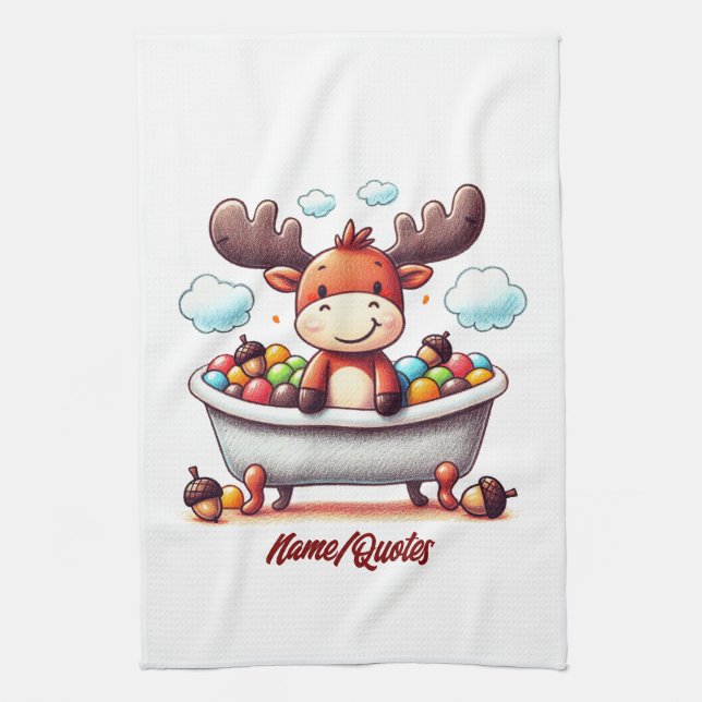 Cute Baby Moose Bath Time Cartoon Illustration Kitchen Towel (Vertical)