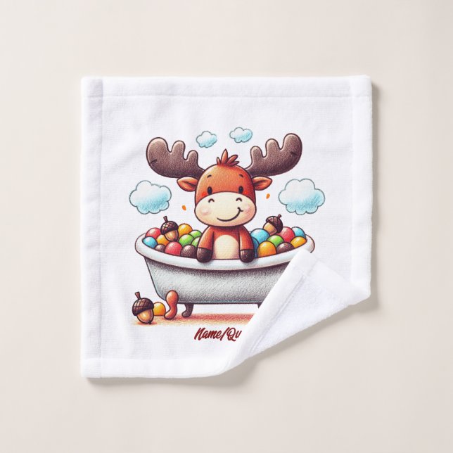 Cute Baby Moose Bath Time Cartoon Illustration Wash Cloth (Wash Cloth)