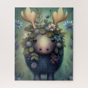 Cute Baby Moose Blue White Flowers Painting Jigsaw Puzzle
