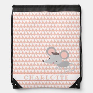 Cute Baby Mouse & Hearts - Peachy Pink Kids Drawstring Bag