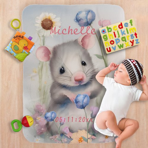 Cute Baby Mouse Pastel Watercolor Spring Flowers Baby Blanket