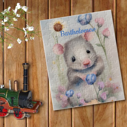 Cute Baby Mouse Pastel Watercolor Spring Flowers Jigsaw Puzzle