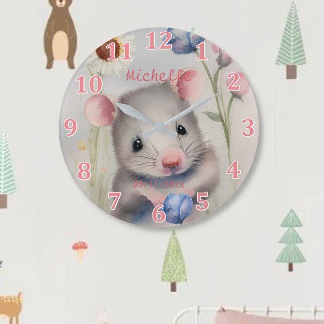 Cute Baby Mouse Pastel Watercolor Spring Flowers Large Clock (Creator Uploaded)