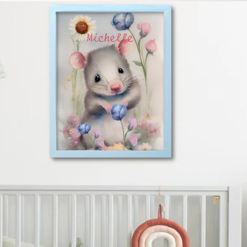 Cute Baby Mouse Pastel Watercolor Spring Flowers Poster