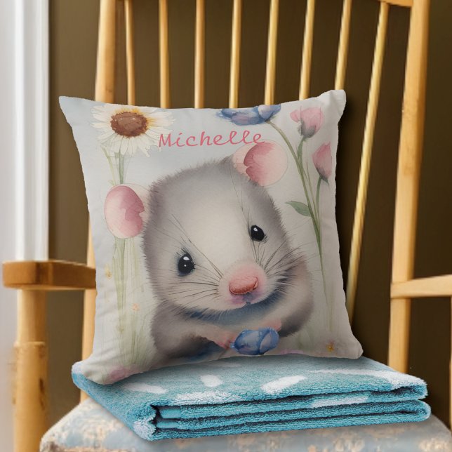 Cute Baby Mouse Pastel Watercolor Spring Flowers Throw Pillow (Creator Uploaded)