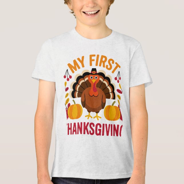 Cute Baby “My First Thanksgiving” Turkey Design  Tri-Blend Shirt (Front)