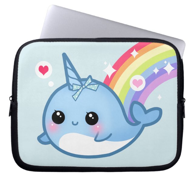 Cute baby narwhal and rainbow laptop sleeve (Front)
