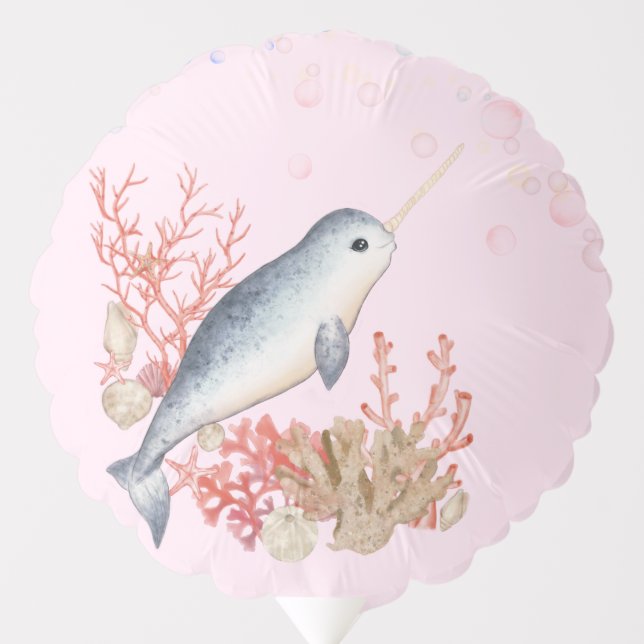Cute baby Narwhal bubbles seashells 1st Birthday  Balloon (Front)