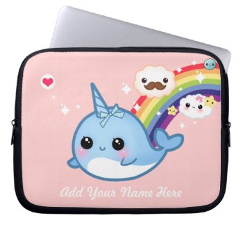 Cute Baby Narwhal With Rainbow And Clouds On Pink Laptop Sleeve by Chibibunny at Zazzle