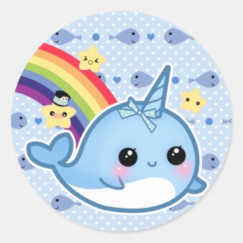 Cute Baby Narwhal With Rainbow And Stars Classic Round Sticker by Chibibunny at Zazzle
