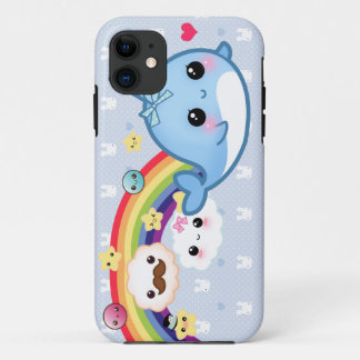 Cute baby narwhal with rainbow, clouds and stars iPhone 11 case