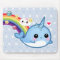 Cute baby narwhal with rainbow, clouds and stars