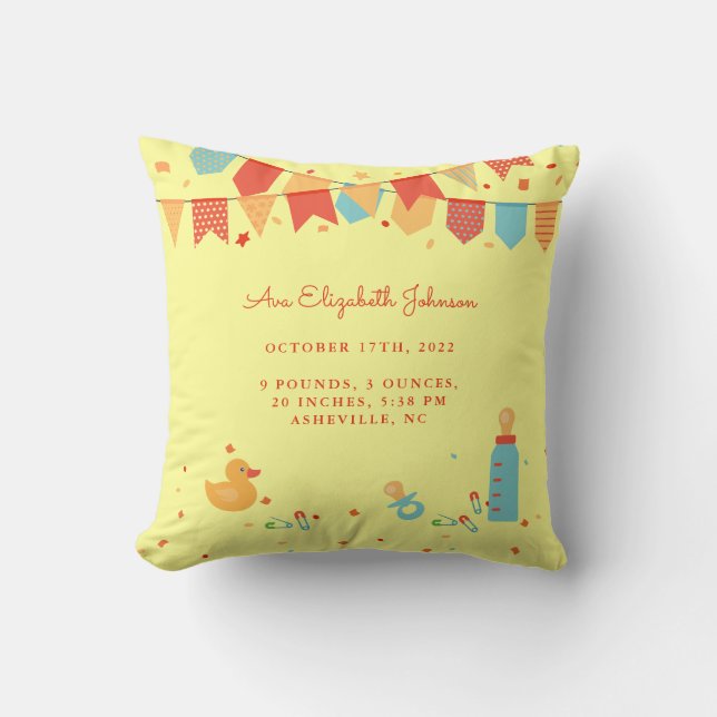 Cute Baby Newborn Statistics Yellow Red Teal Throw Throw Pillow (Front)
