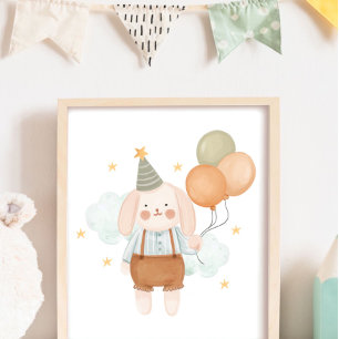 Cute Baby Nursery  White Rabbit Cloud and Stars Poster