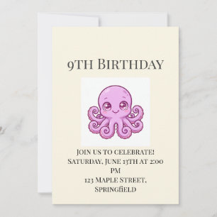 Cute Baby Octopus 9th Birthday Invitation