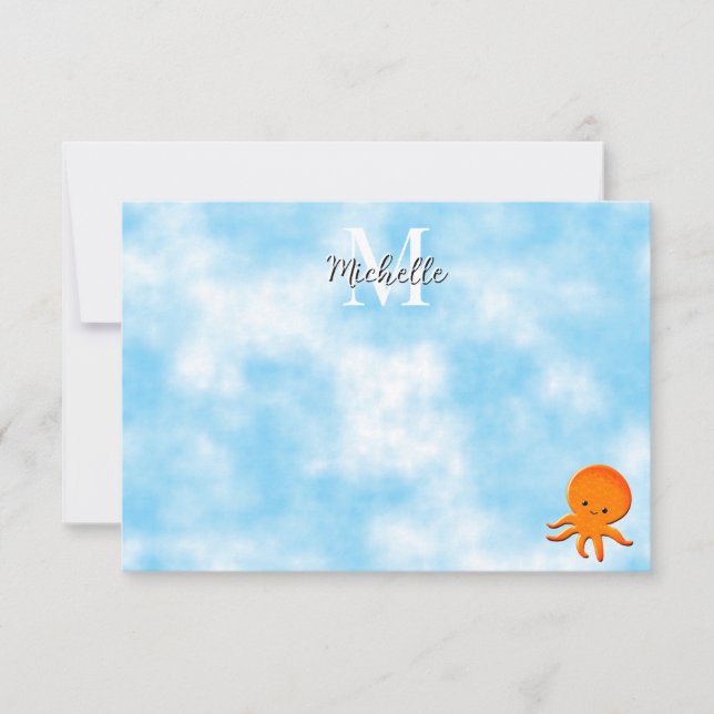 Cute Baby Octopus Blue Watercolor Custom Monogram Note Card (Front)