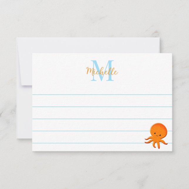 Cute Baby Octopus Custom Lined Monogram Note Card (Front)