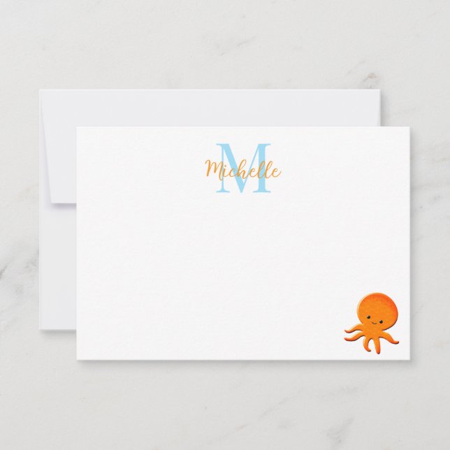 Cute Baby Octopus Custom Monogram Note Card (Front)