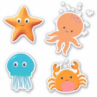 Cute Baby Octopus Starfish Crab Jellyfish Cartoon