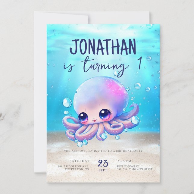 Cute Baby Octopus Watercolor Kids Birthday Invitation (Front)