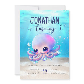 Cute Baby Octopus Watercolor Kids Birthday Invitation