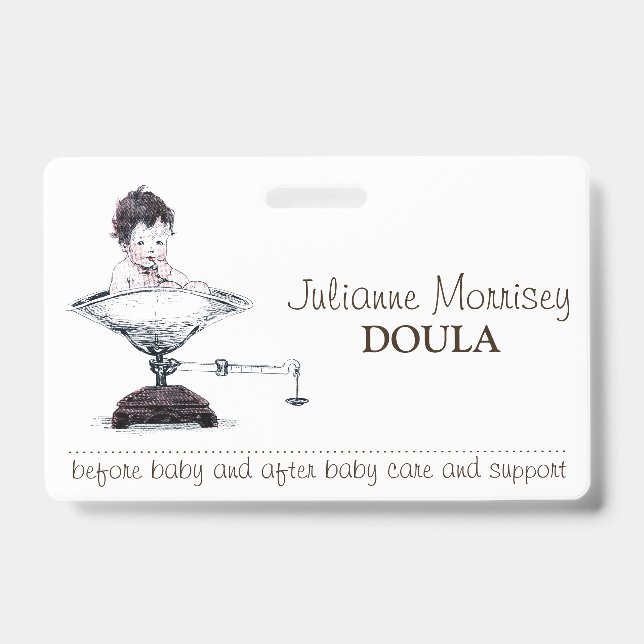 Cute Baby On Weighing Scale Doula Badge (Front)