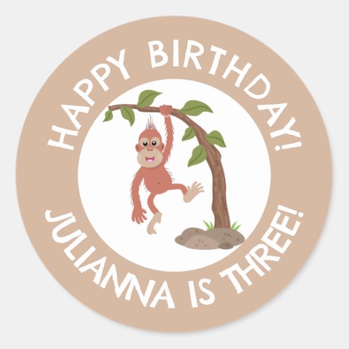 Cute baby orangutan cartoon birthday personalized classic round sticker
