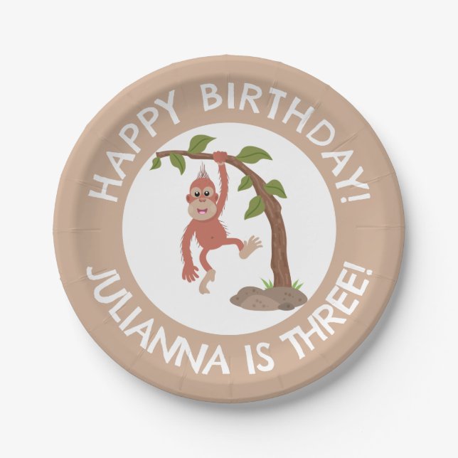 Cute baby orangutan cartoon birthday personalized paper plates (Front)