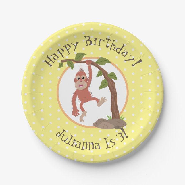 Cute baby orangutan cartoon birthday personalized paper plates (Front)