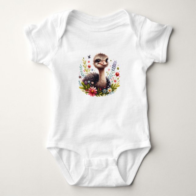 Cute Baby Ostrich with Flowers Bodysuit (Front)