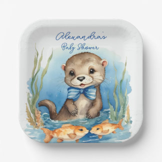 Cute Baby Otter Boy Baby Shower Paper Plates